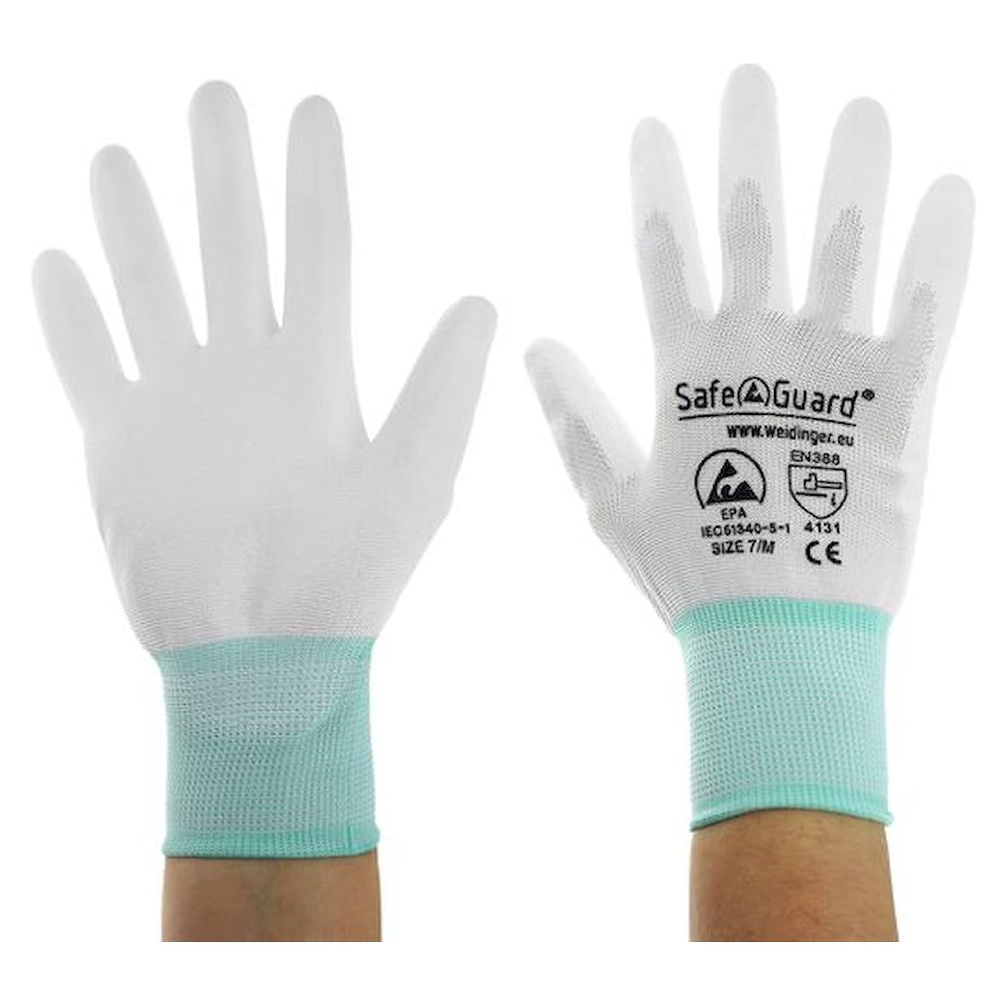 Safeguard SG-HS-WE-NY-L-SG-WHITE-JNW-302-M. ESD Handschuh weiß/türkis, beschichtete Handflächen, Nylon/Carbon, M