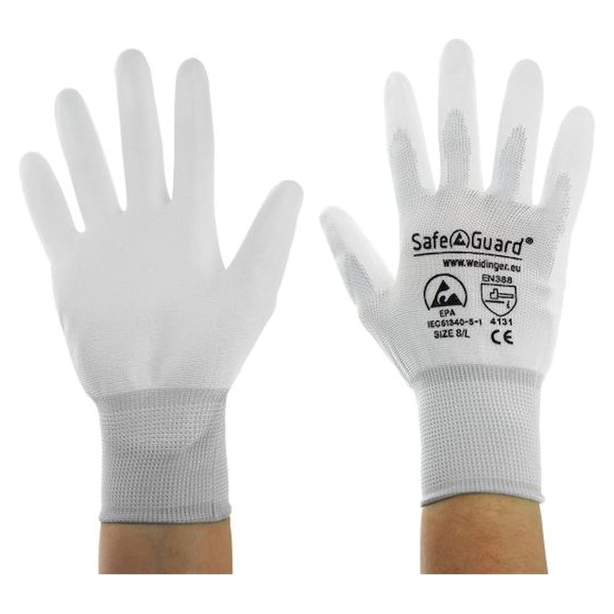 Safeguard SG-HS-WE-NY-L-SG-WHITE-JNW-302-L. ESD Handschuh weiß/hellgrau, beschichtete Handflächen, Nylon/Carbon, L