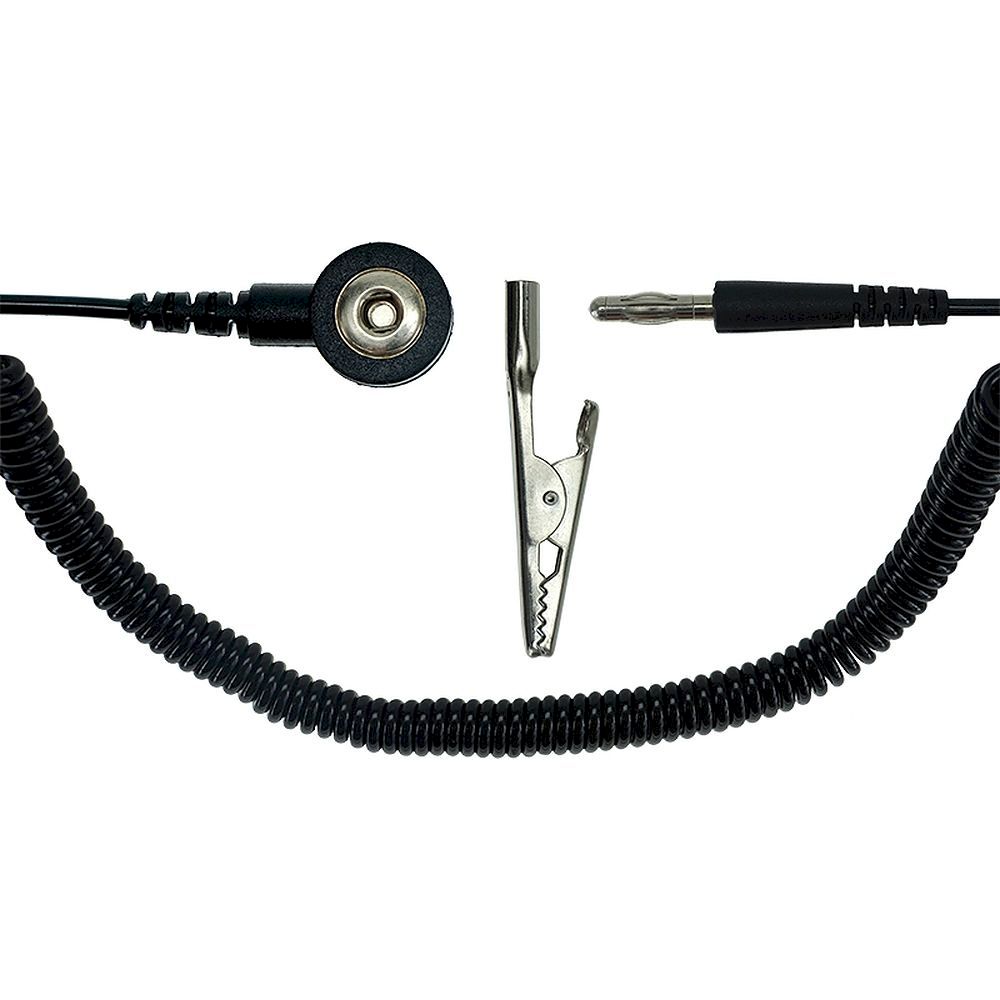 Safeguard SG-SK-3DK-BA-KR-SCH-1800MM-1MOHM. ESD spiral cable,1 Mohm, black, 1,8 m, 3 mm snap fastener, banana plug, crocodile clip