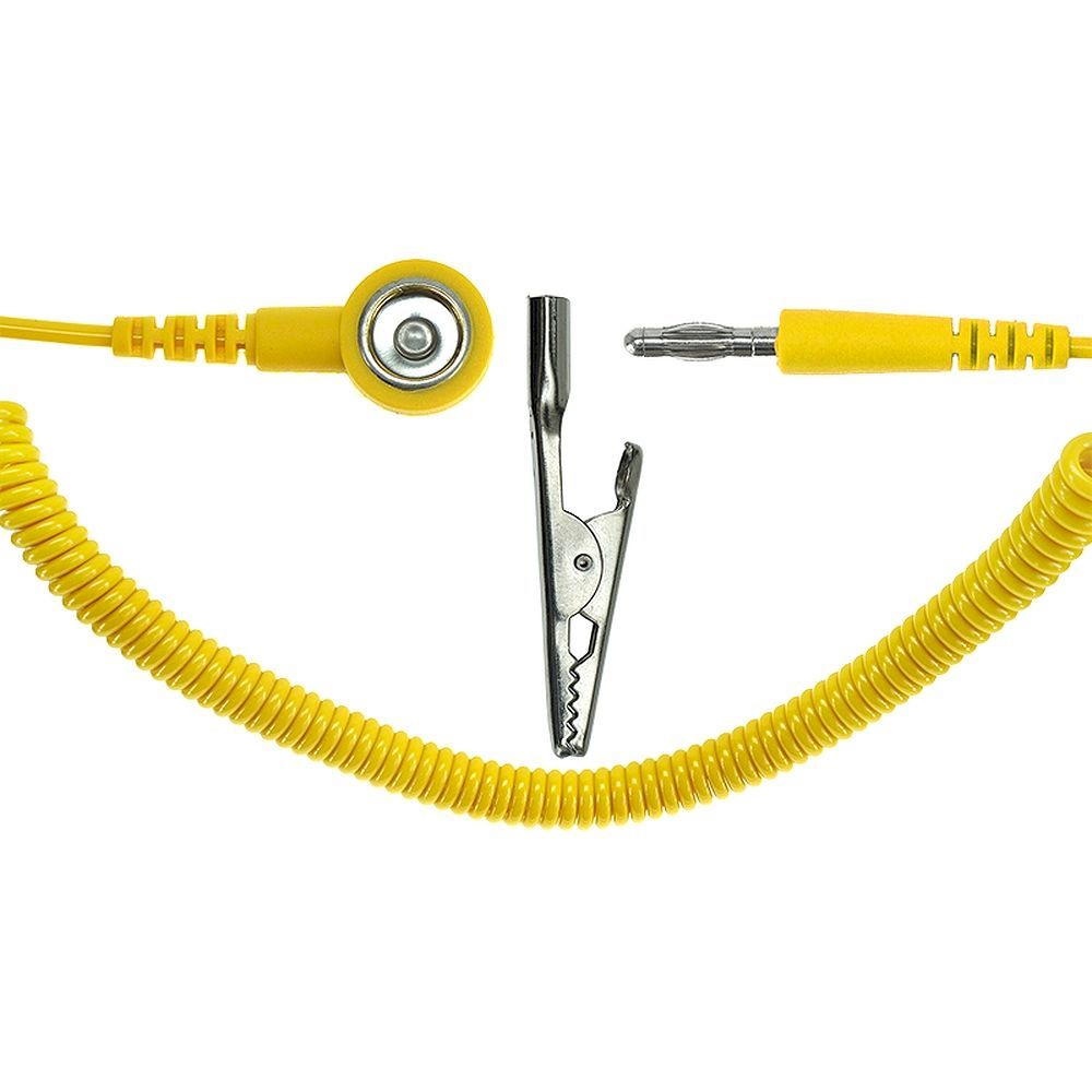 ESD Spiralkabel, 1 Mohm, gelb, 2,4 m, 10 mm Druckknopf, Bananenstecker, Krokodilklemme