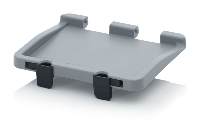 SD 215. Scharnierdeckel für Eurobehälter, 1 Scharnierdeckel
2 Scharniere
2 Verschlusshebel
4 Thermoplastschrauben