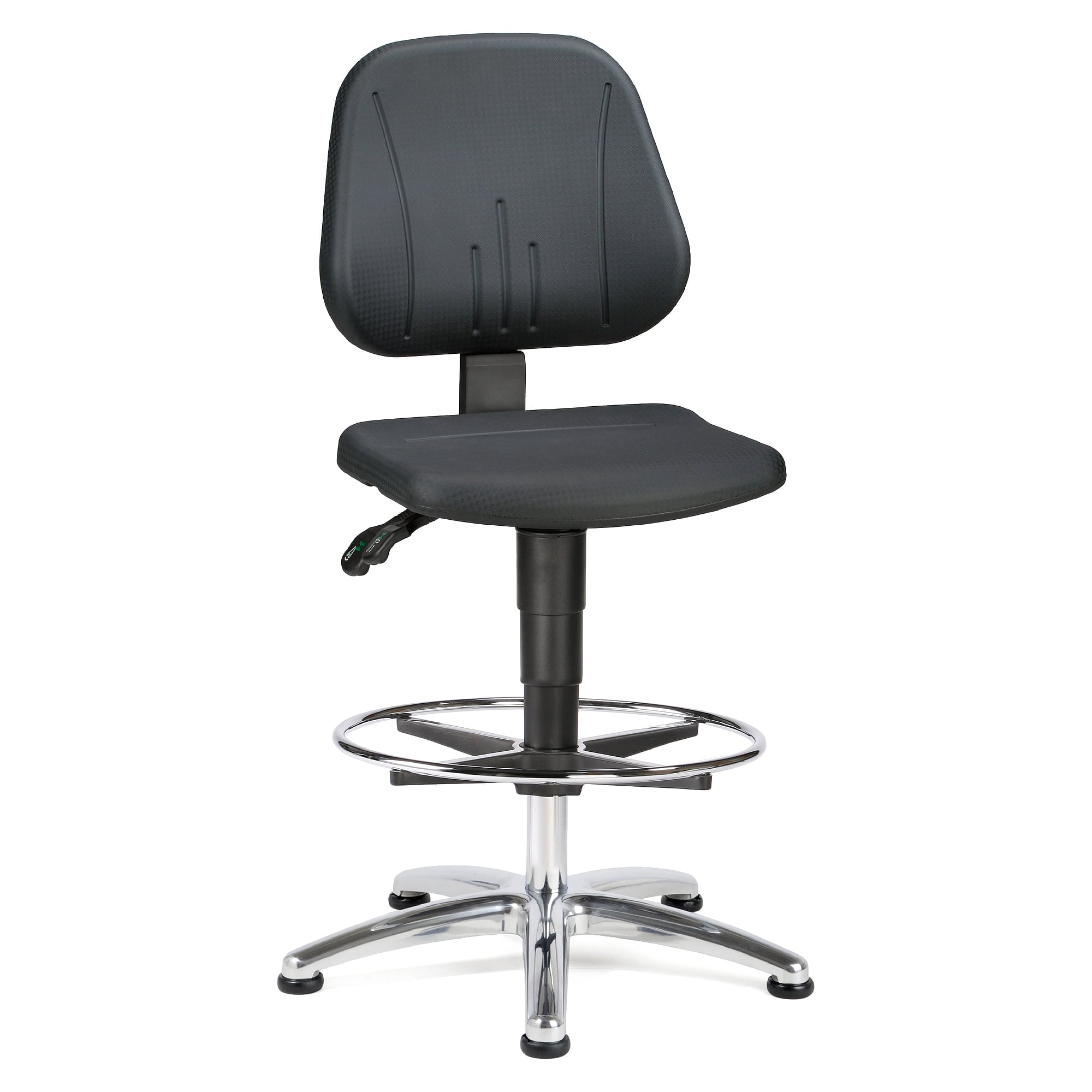 Chaise de travail haute ESD Ergo 25, polyuréthane noir, hauteur d'assise 580-850 mm, repose-pieds et patins - Treston C25PU-ESD