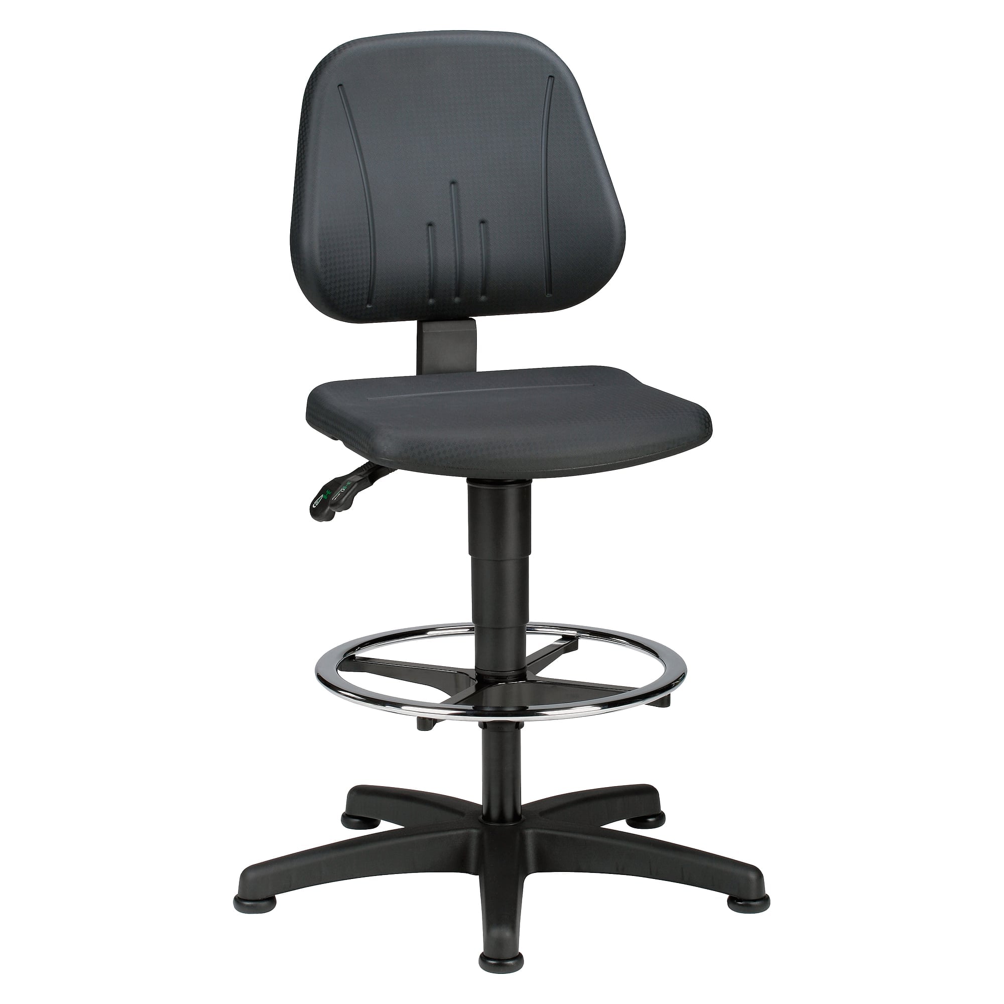 Hoher Arbeitsstuhl Ergo 25, Polyurethan schwarz, Sitzhöhe 560-835 mm, mit Fußring und Gleitern - Treston C25PU