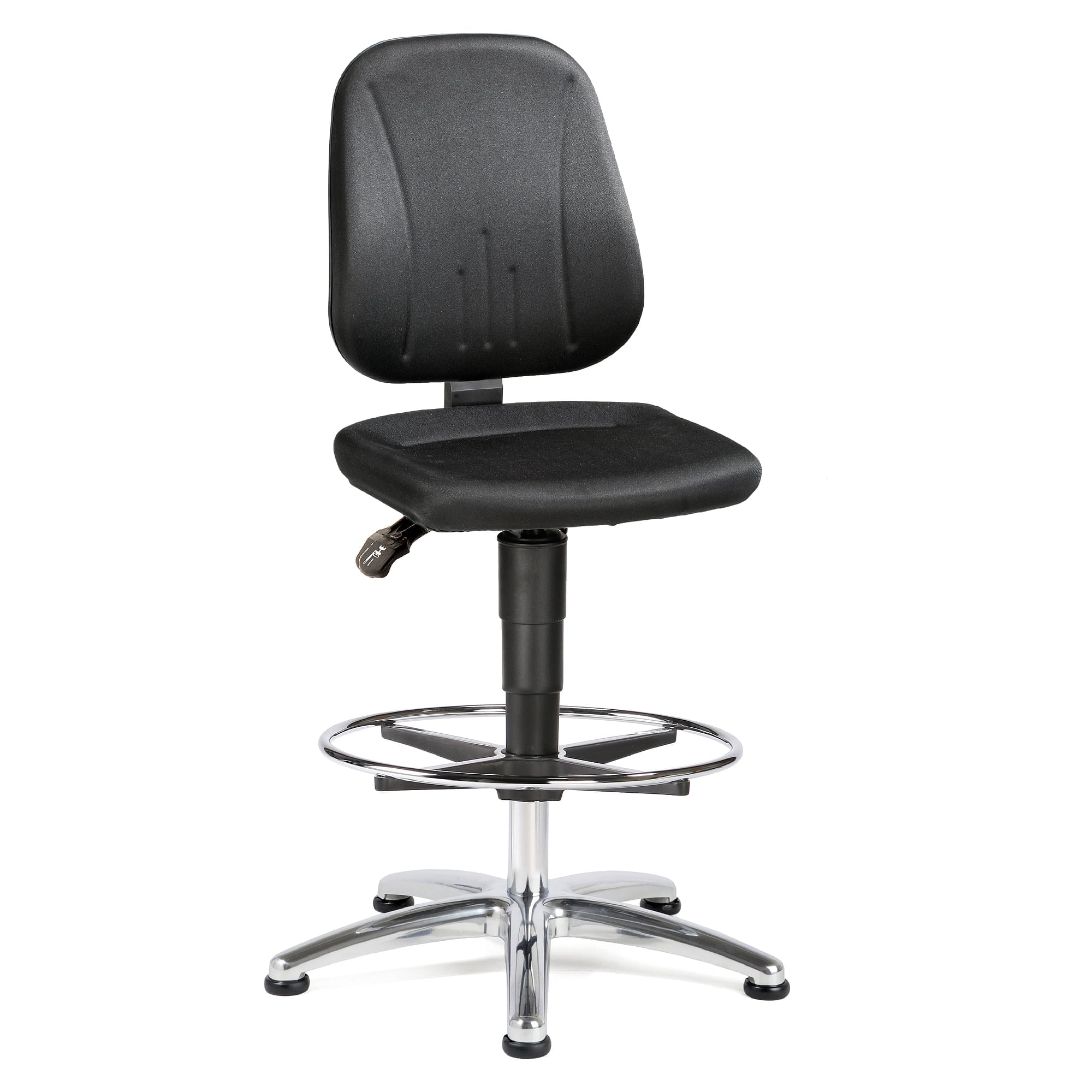 Hoher ESD-Arbeitsstuhl Ergo 35, Stoff schwarz, Sitzhöhe 530-800 mm, mit Fußring und Gleitern - Treston C35BL-ESD