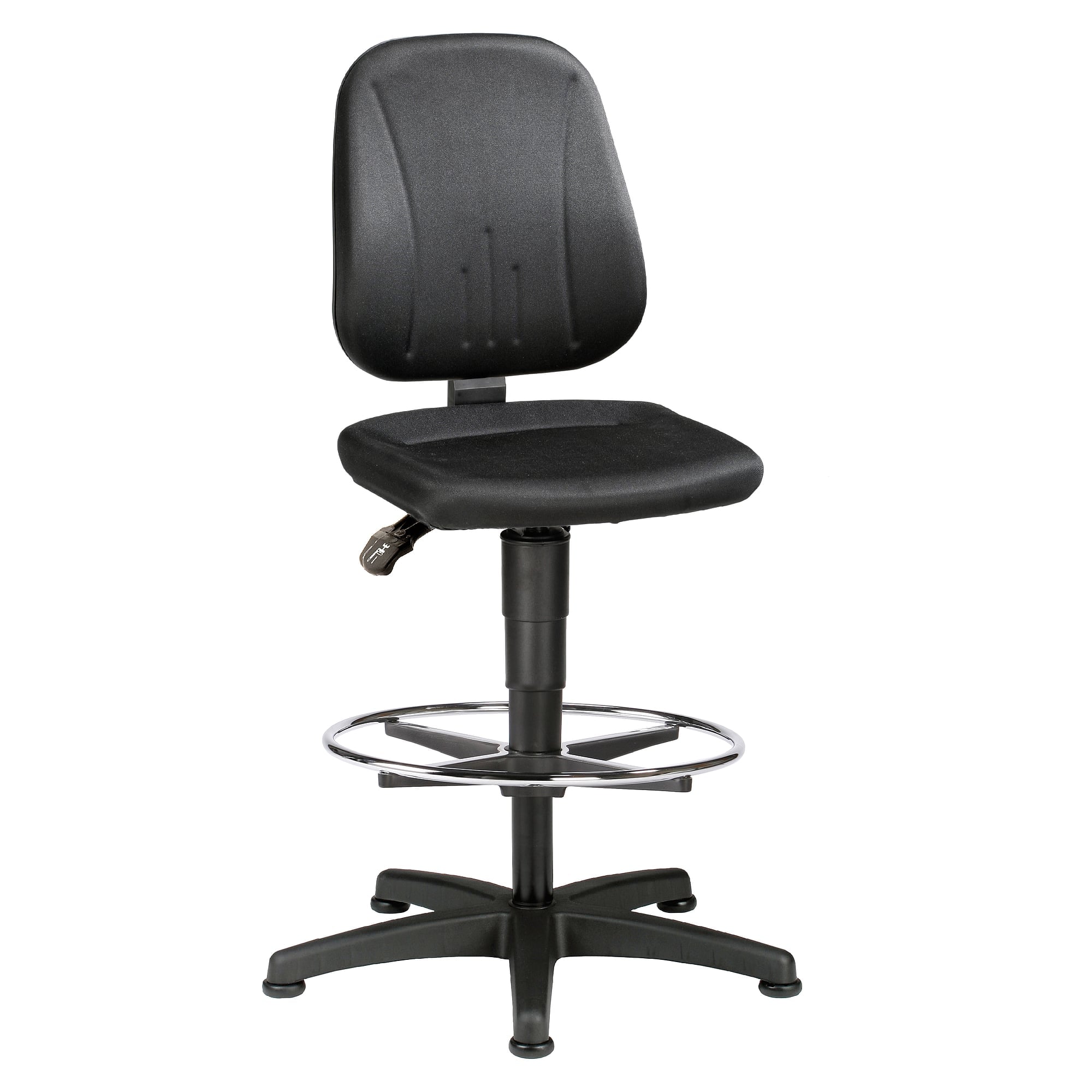 Hoher Arbeitsstuhl Ergo 35, Stoff schwarz, Sitzhöhe 560-850 mm, mit Fußring und Gleitern - Treston C35BL