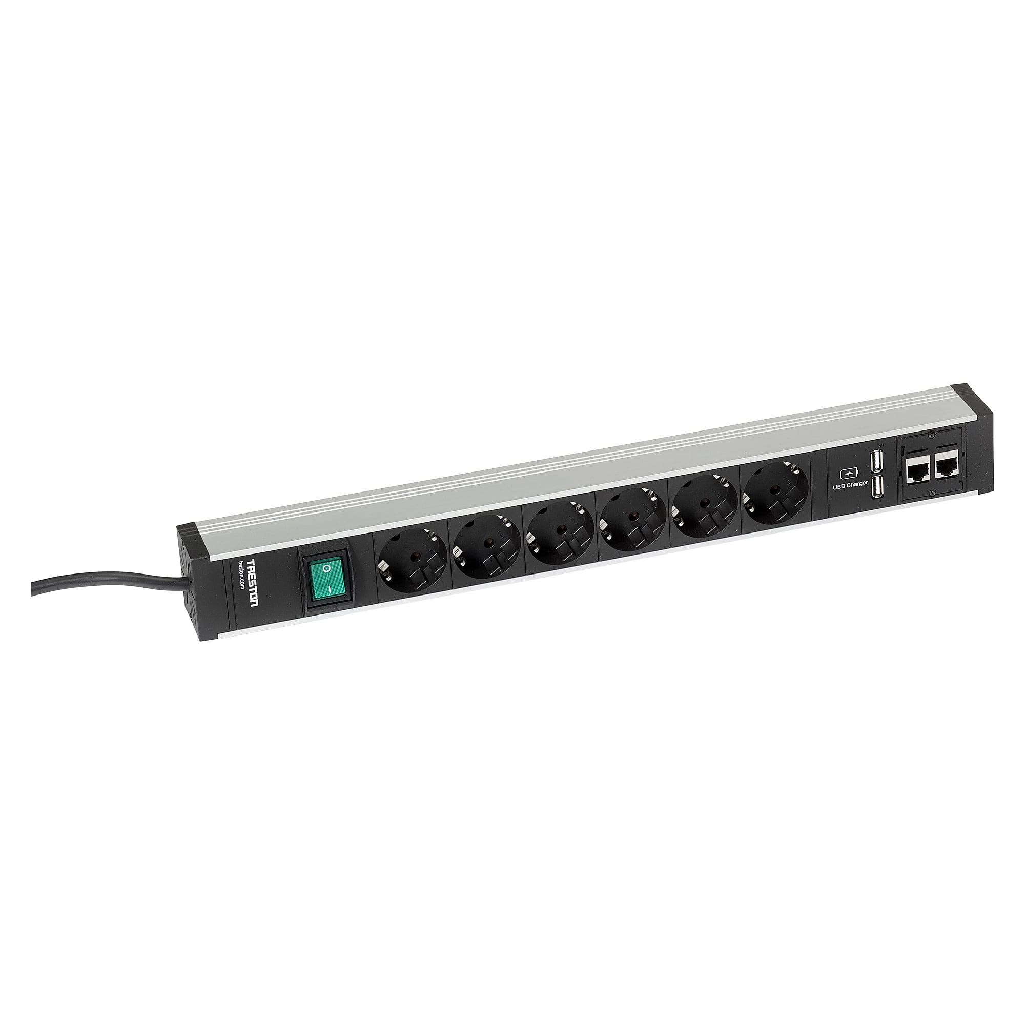 Power Rail 468 with 6 Schuko Sockets, Switch, 2x USB and 2x CAT6A - Treston TPR4-003