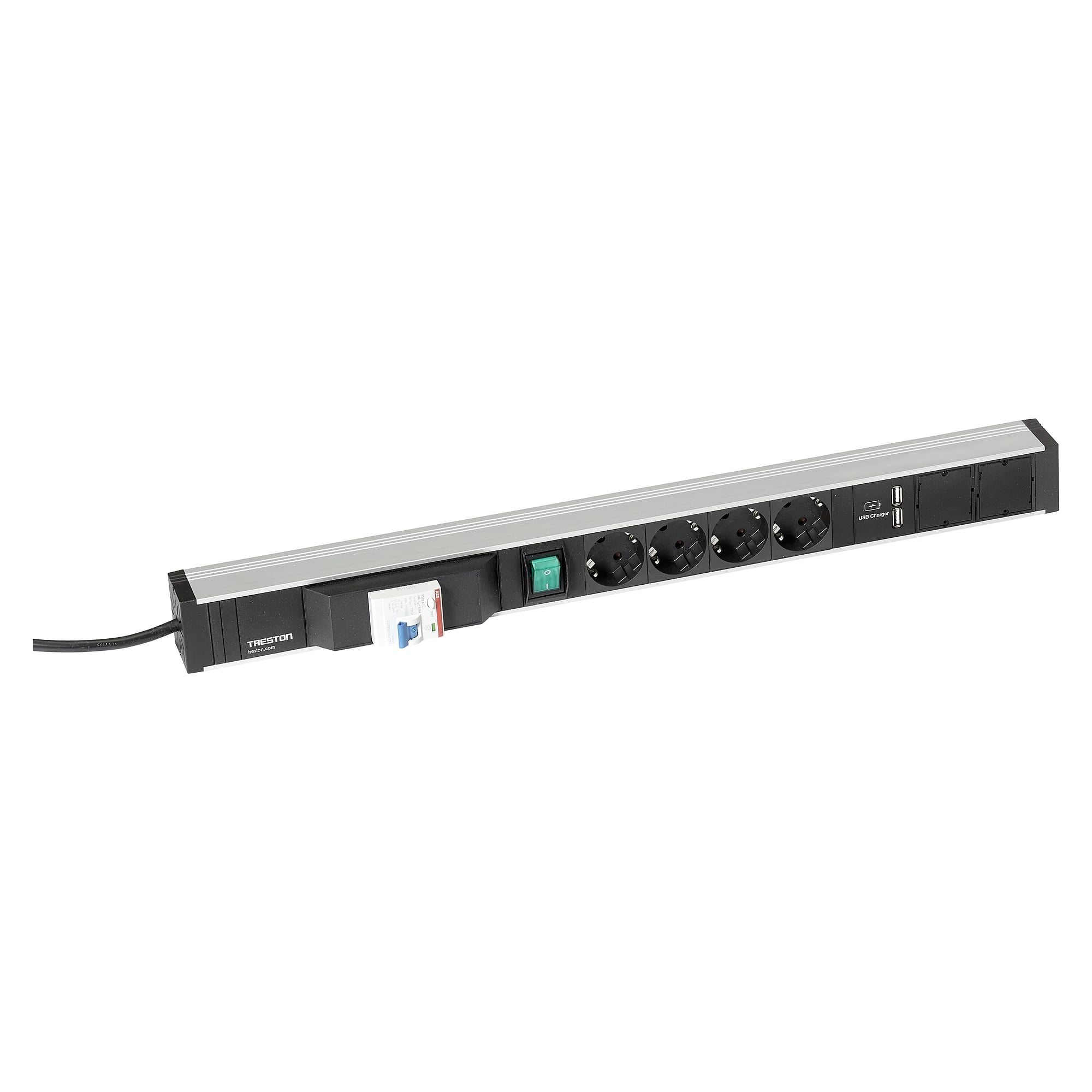 Power Rail 683 with 5 Schuko Sockets, Switch, Residual Current Protection and 2x USB - Treston TPR7-008