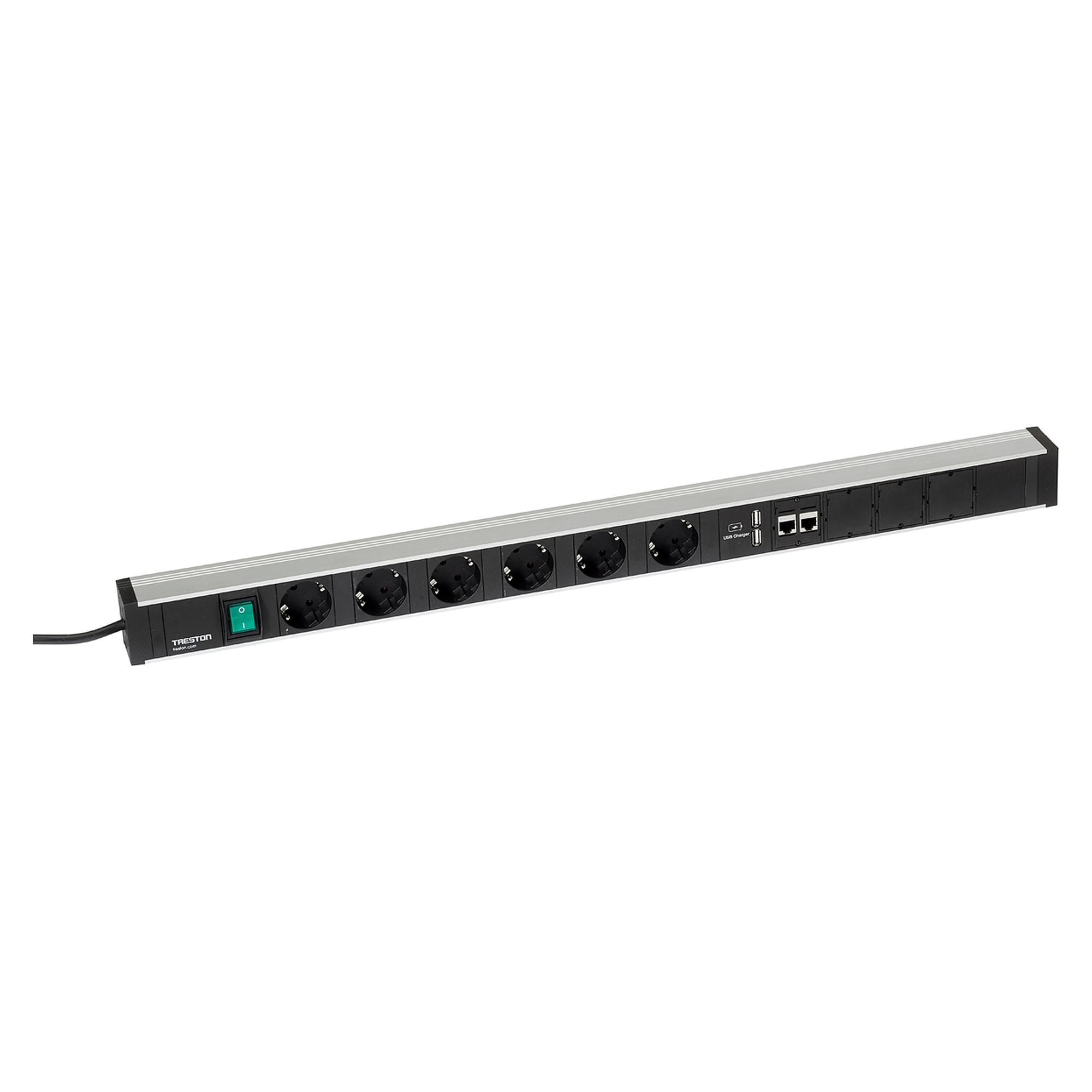 Rampe d'alimentation 836 avec 6 prises Schuko, interrupteur, 2x USB et 2x CAT6A - Treston TPR9-003