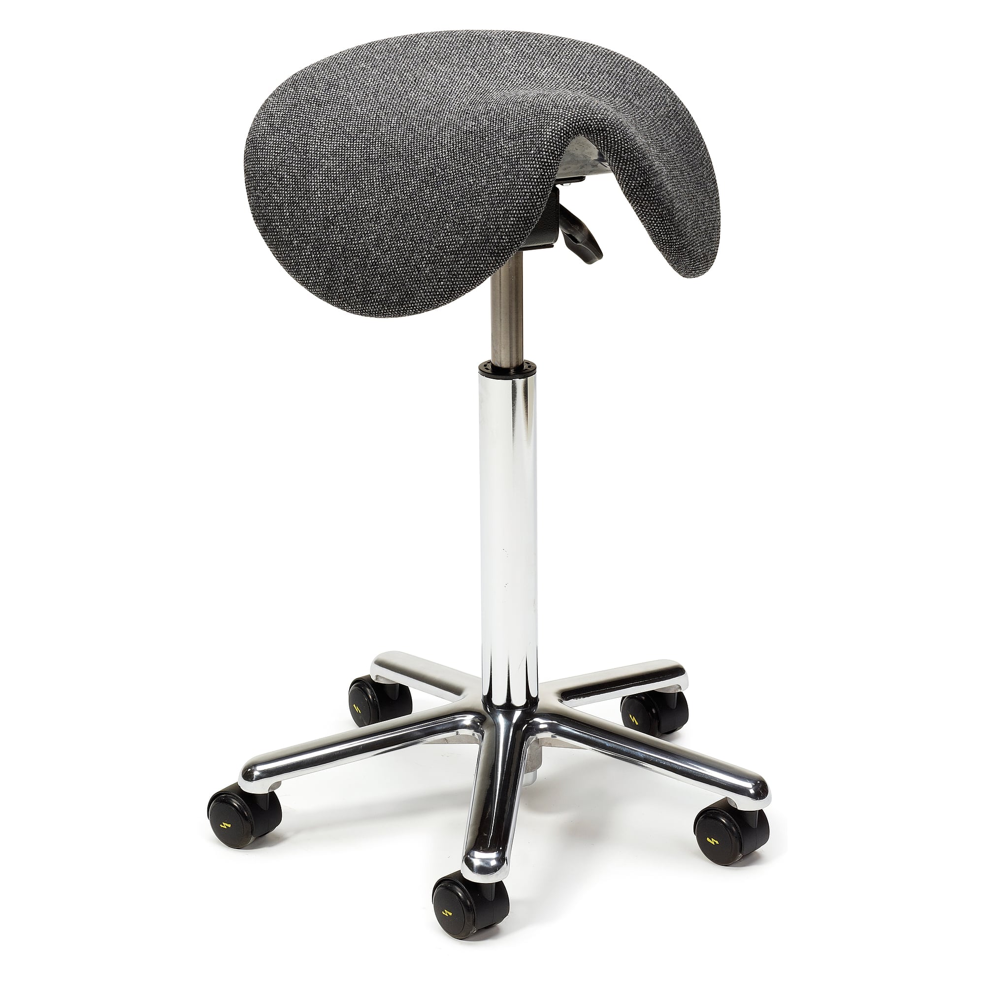 Tabouret assise selle ESD Saddle G, tissu gris, inclinaison réglable, hauteur 575-820 mm - Treston SADDLE G ESD