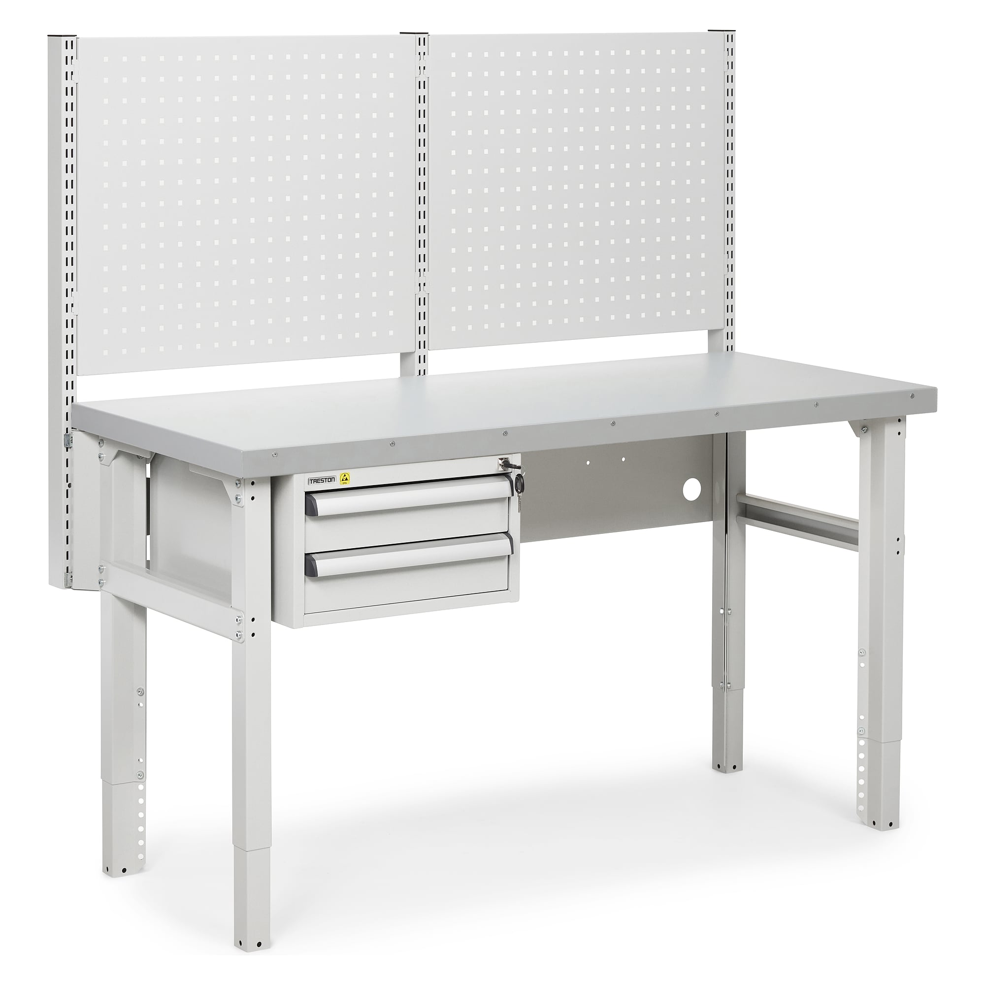 Werkstatt-Werkbank mit Stahlauflage, 1500x630 mm, Schubladenblock 45, 2 Schubladen, Lochwand 612 mm, höhenverstellbar 680-980 mm - Treston HWB15S-003
