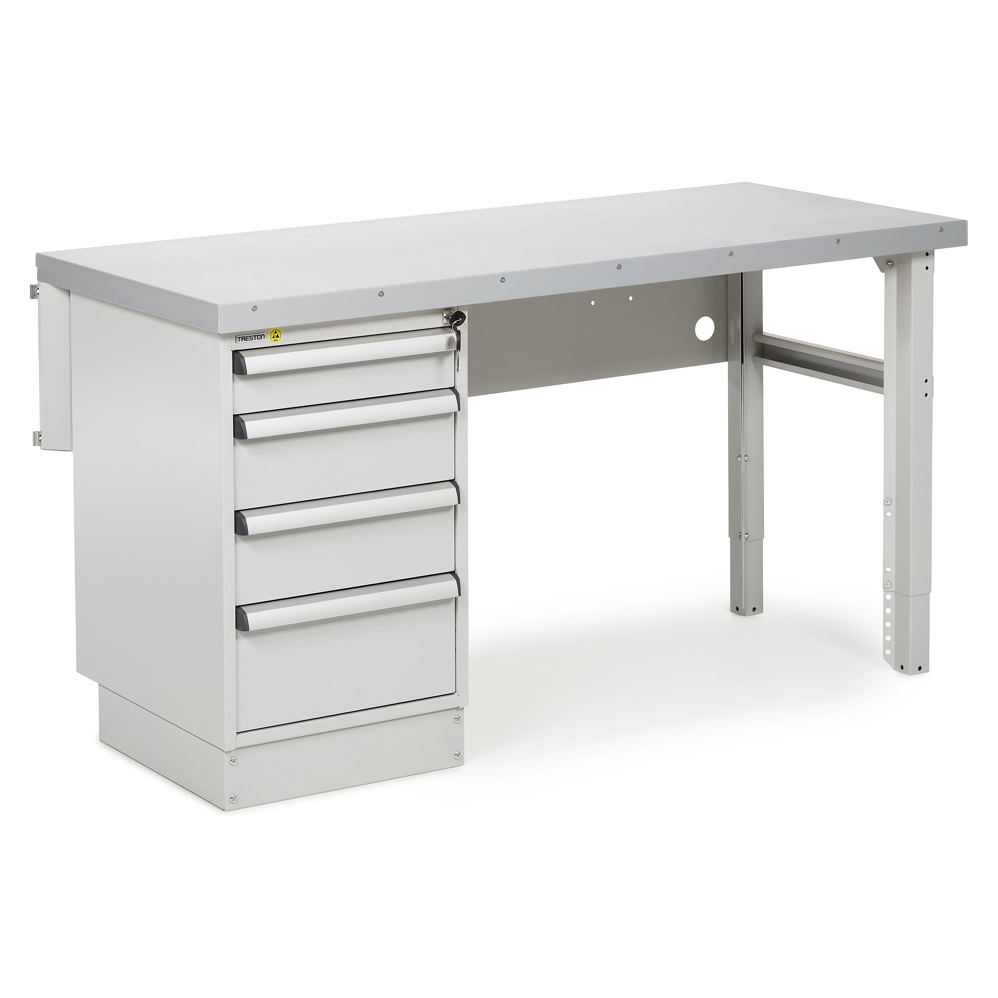 Werkstatt-Werkbank mit Stahlauflage, 1500x630 mm, Schubladenblock 45 mit 4 Schubladen - Treston HWB15S-001