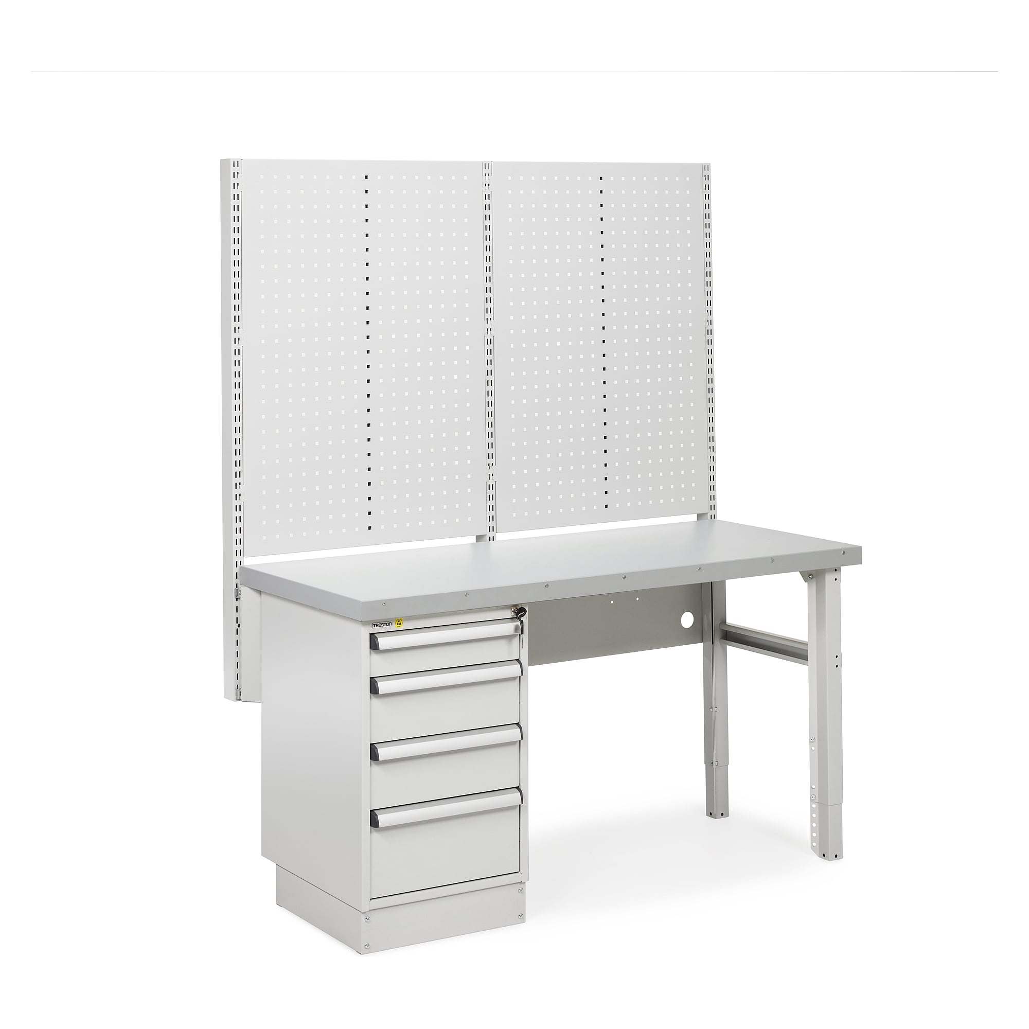 Werkstatt-Werkbank mit Stahlauflage, 1500x630 mm, Schubladenblock 45 mit 4 Schubladen, Lochwand 1003 mm - Treston HWB15S-004