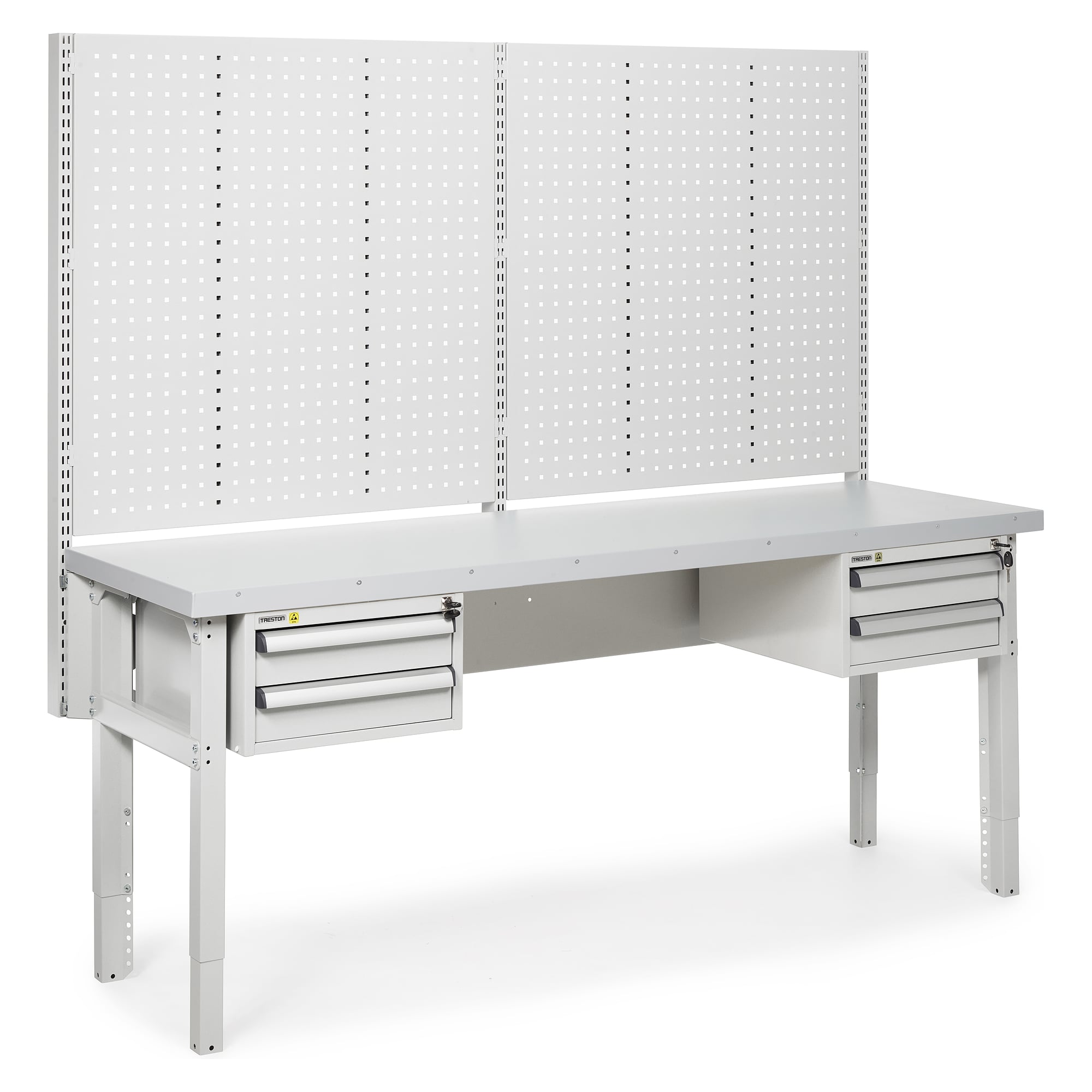 Werkstatt-Werkbank 2000x630 mm, Stahlauflage, 2 Unterbauschubladen 45 und Lochwand - Treston HWB20S-002