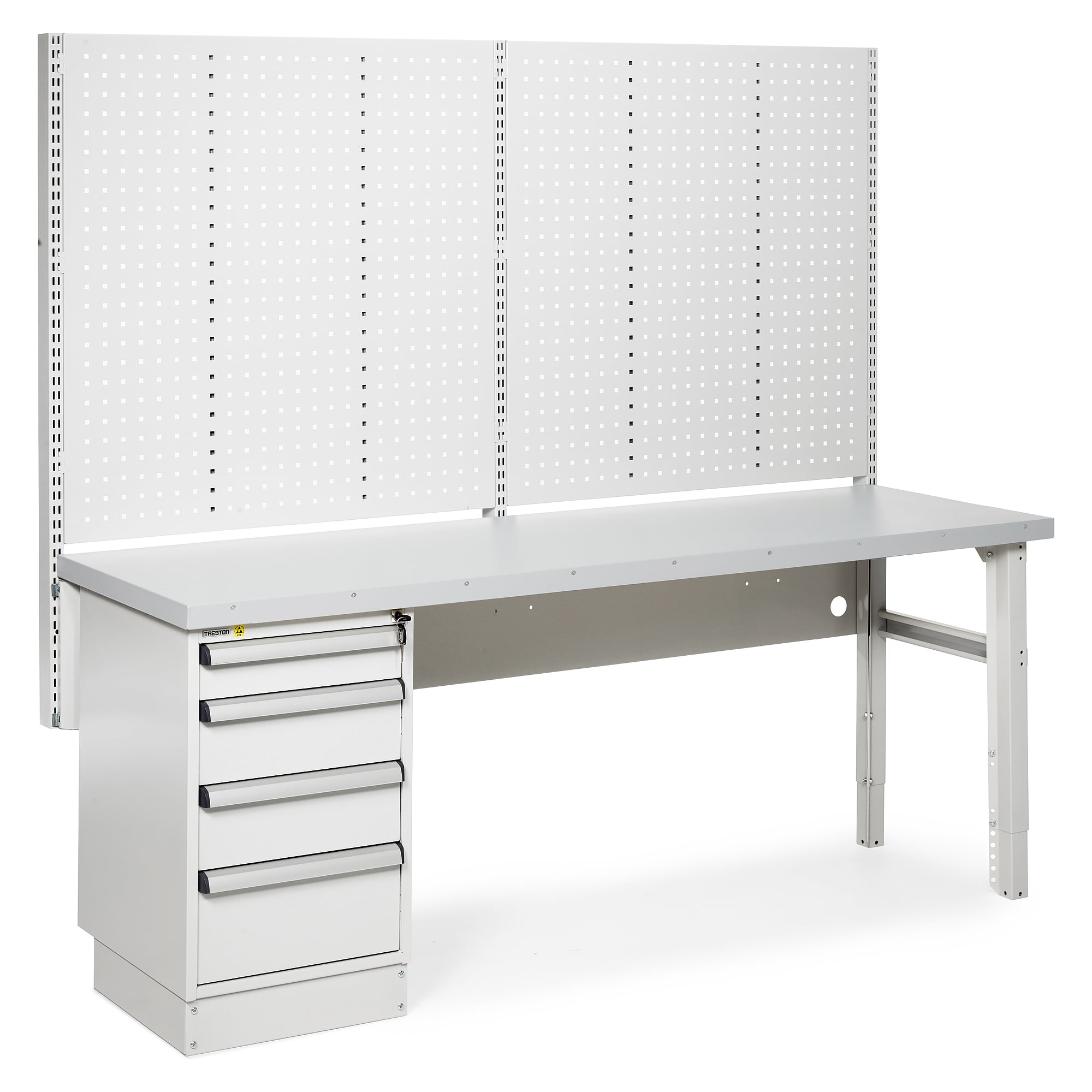 Werkstatt-Werkbank 2000x630 mm, Stahlauflage, Schubladenblock 45 und Lochwand - Treston HWB20S-001