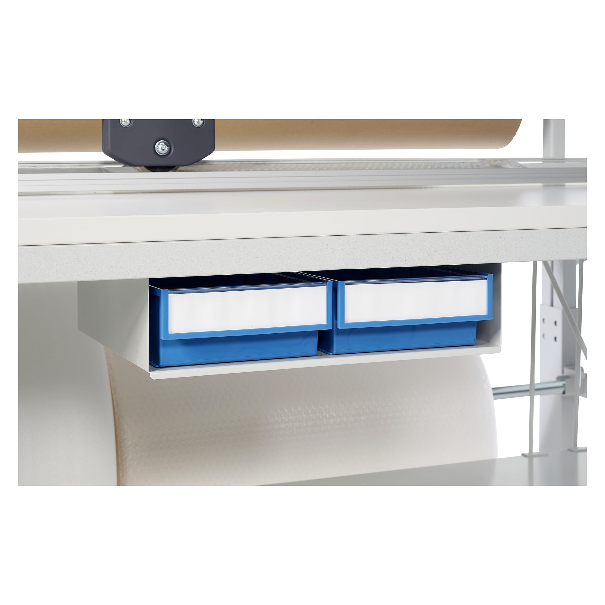 Werkzeughalterbox mit 2 blauen Sichtlagerkästen, 300x400x140 mm, Untertischmontage - Treston PPH TXL