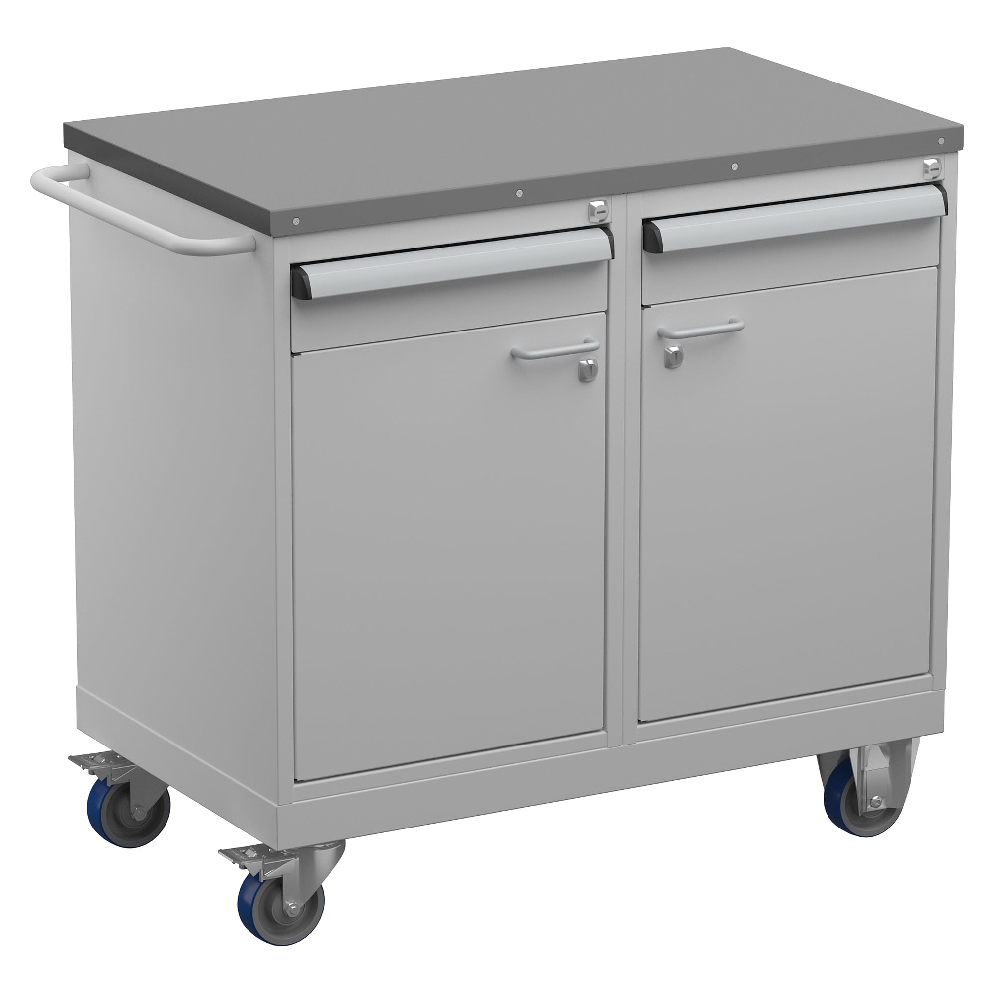 Werkzeugwagen 2 mit Stahlauflage, 2 Schubladen und 2 Schränke, abschließbar, 910x525x880 mm - Treston TWIN45-002-41