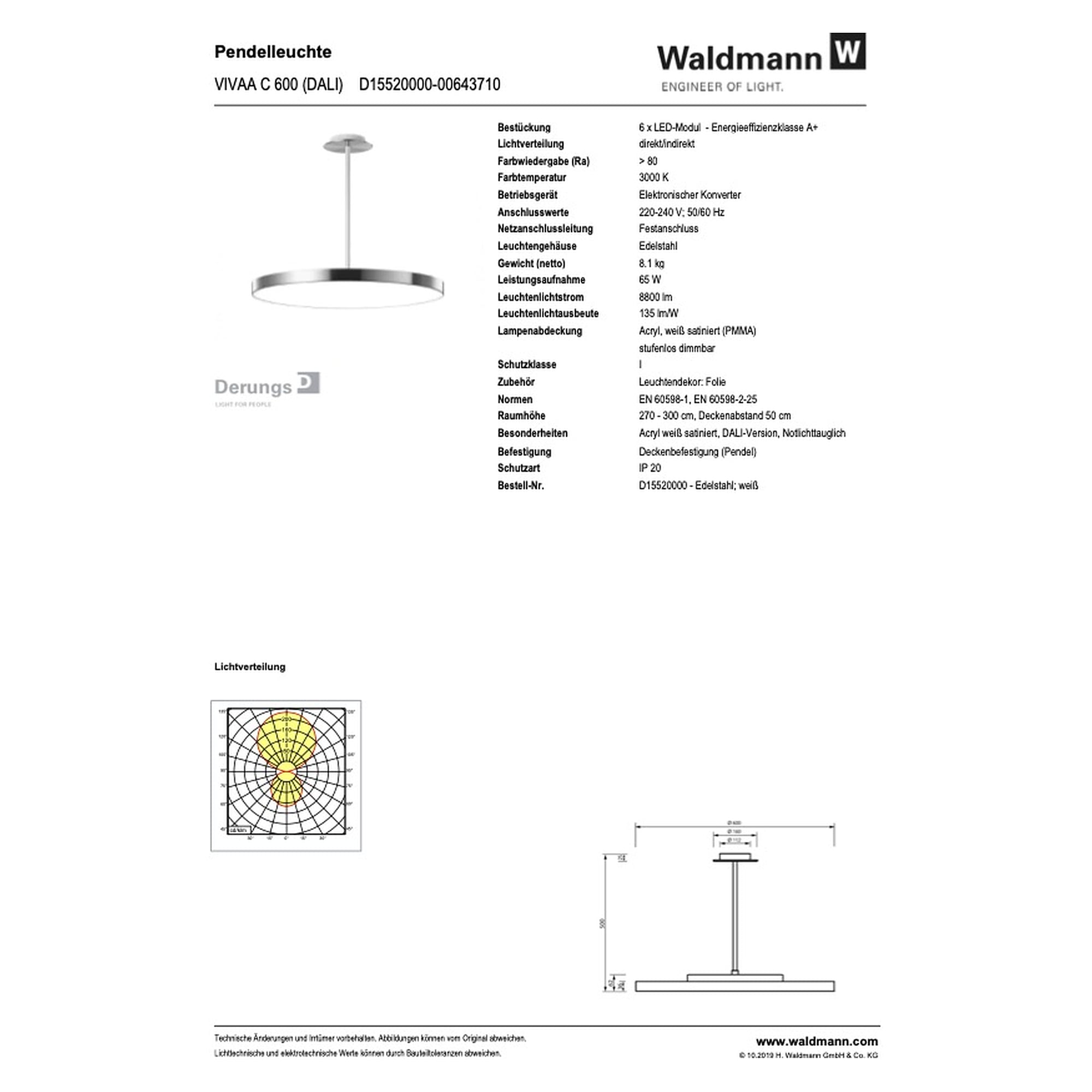 LED-Pendelleuchte VIVAA C 600 DALI, 8800 lm, 3000 K, Edelstahl