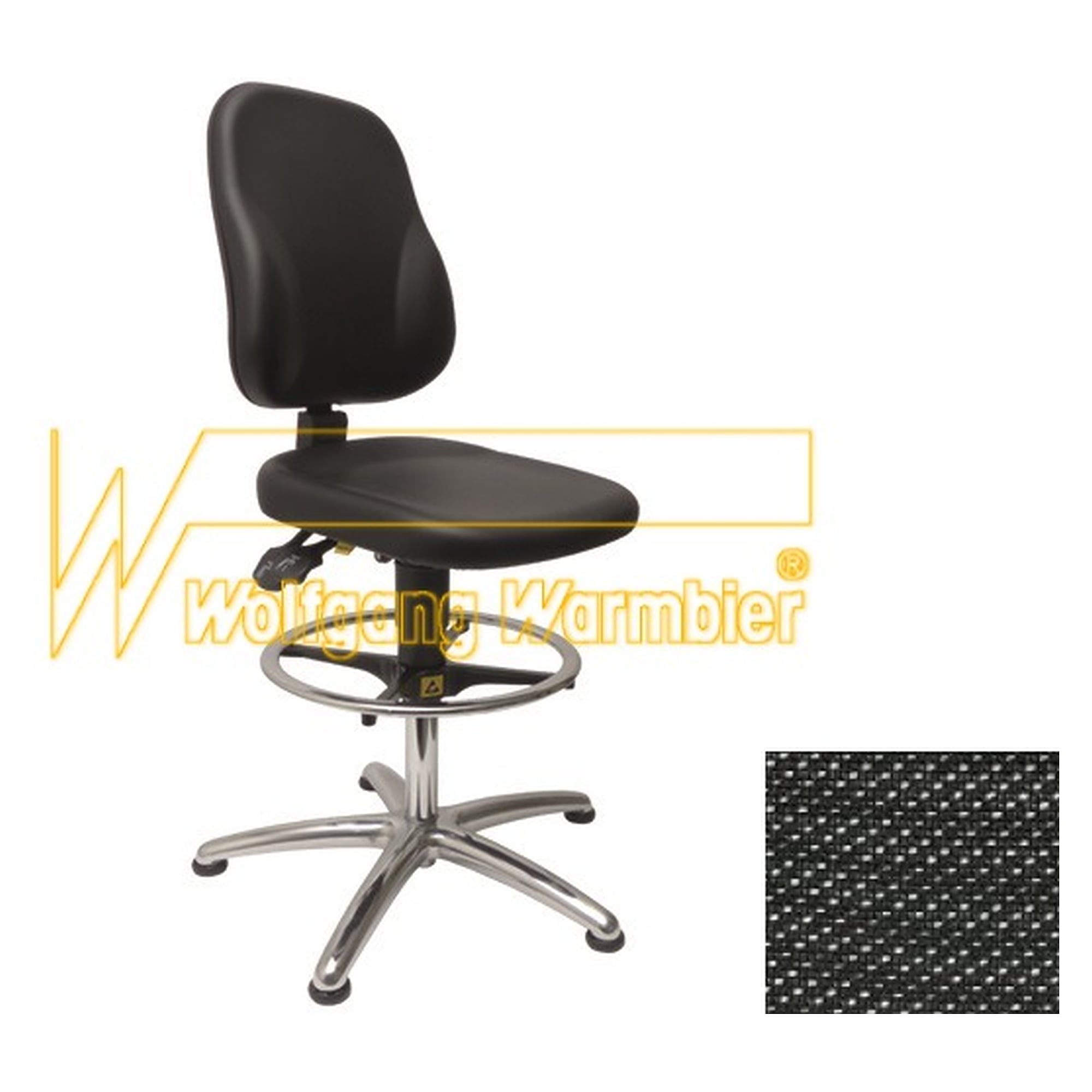 ESD-Hochstuhl Ergo, Stoff schwarz, Synchronmechanik, Fußring, Gleiter, Sitzhöhe 570-850 mm - Warmbier 1710.ERG.S