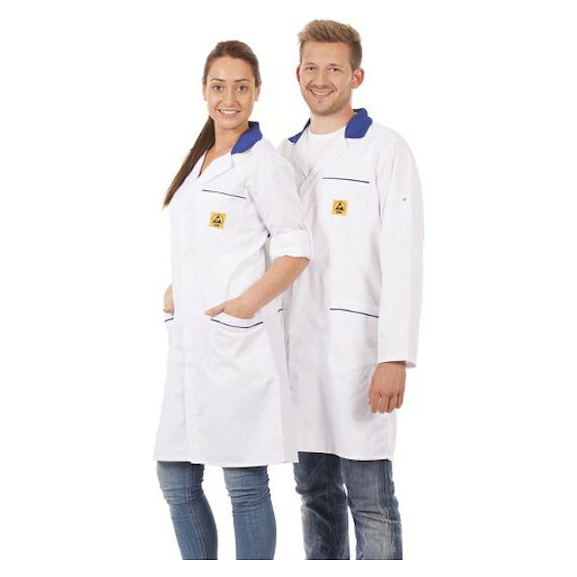 Warmbier 2618.AM160.W.2XL. ESD Arbeitsmantel, unisex, weiß/blau, 3/4 Länge, XXL