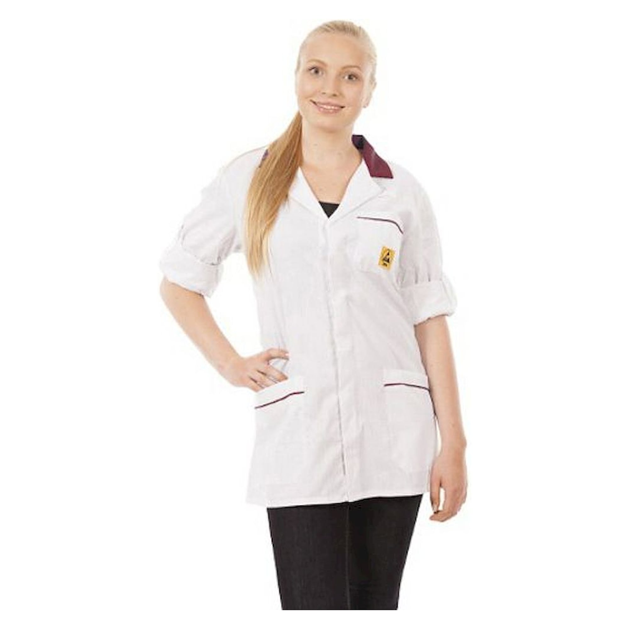 Warmbier 2660.KL160.W.BX.3XL. ESD Arbeitsmantel, unisex, weiß/bordeaux, kurz, 3XL
