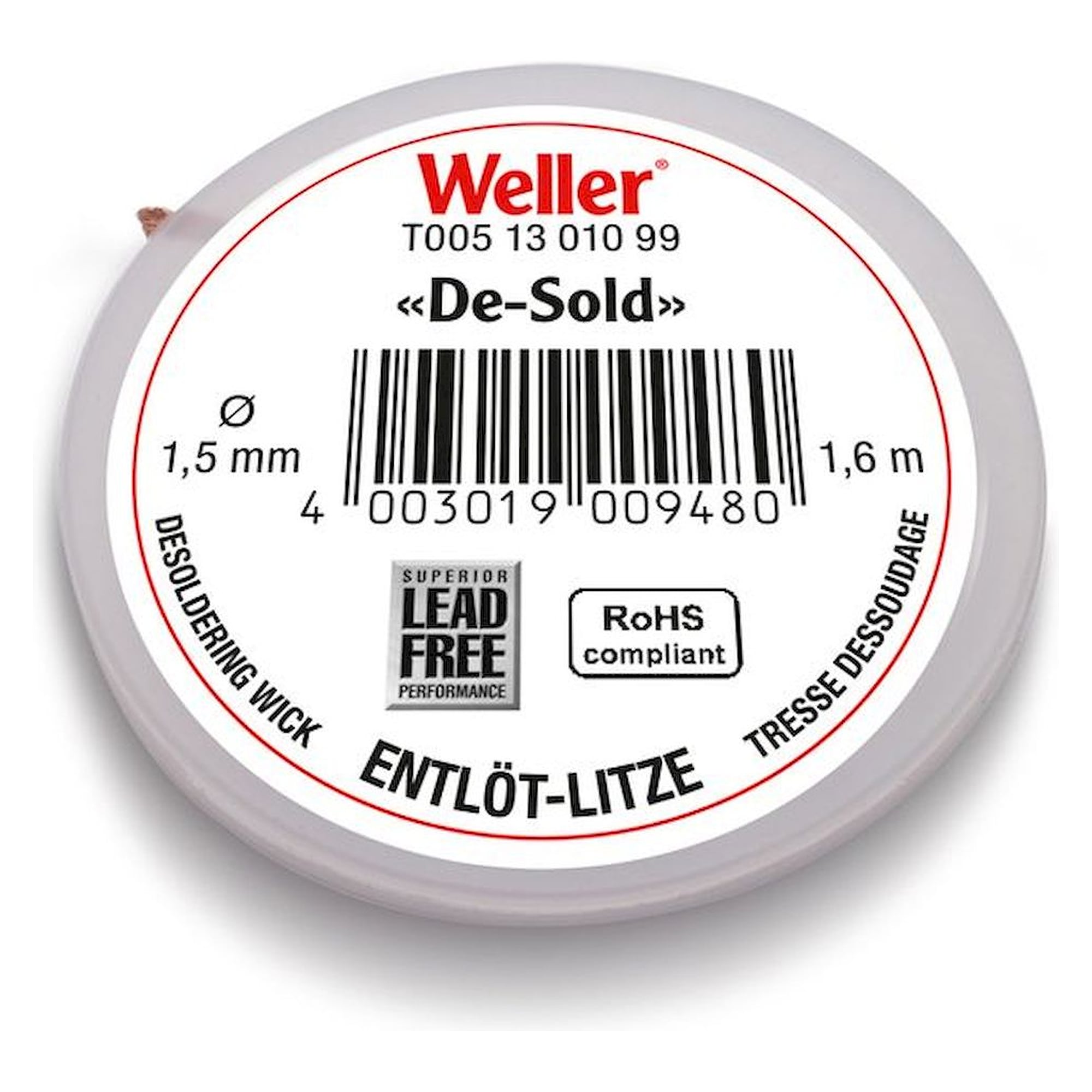 Weller T0051301099. Desoldering wire , 1.6 m coil, width 1.5 mm