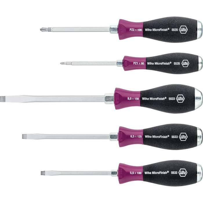 Wiha Screwdriver set MicroFinish Slotted, Pozidriv with one-piece hexagonal  blade and solid steel cap, 5-pcs. (29139)