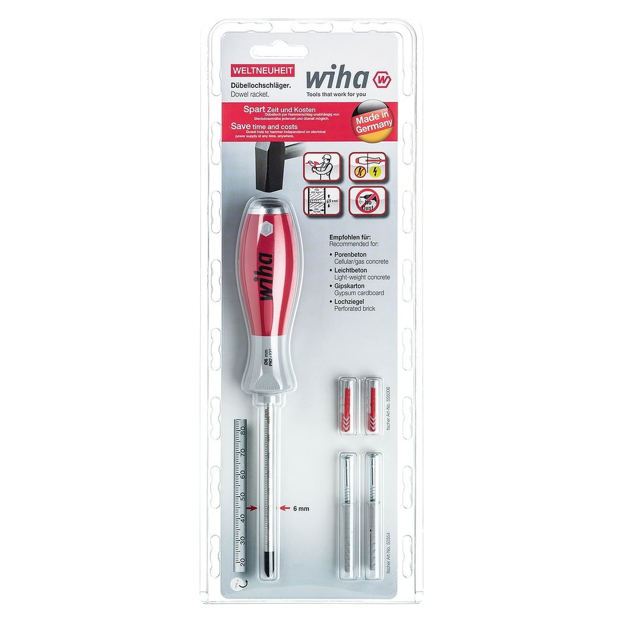 Dübellochschläger Set SoftFinish® 6 mm, 4 Dübel, galvanische Trennung - Wiha 41289