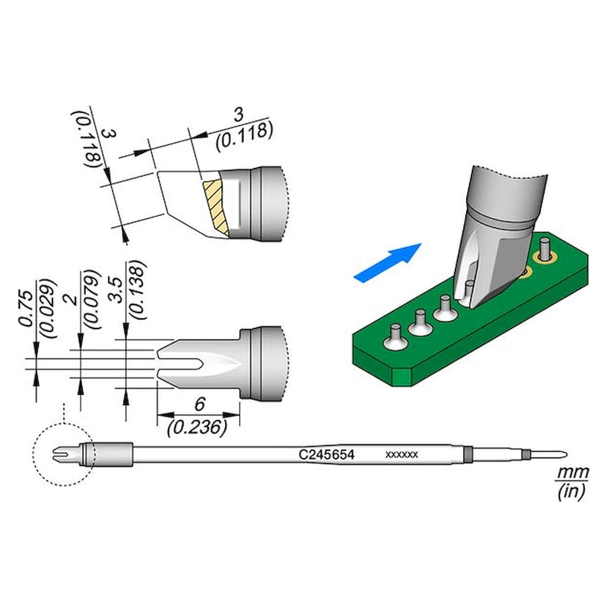 Drag soldering tip special form 0.75 mm, long version, for T245 - JBC C245-654