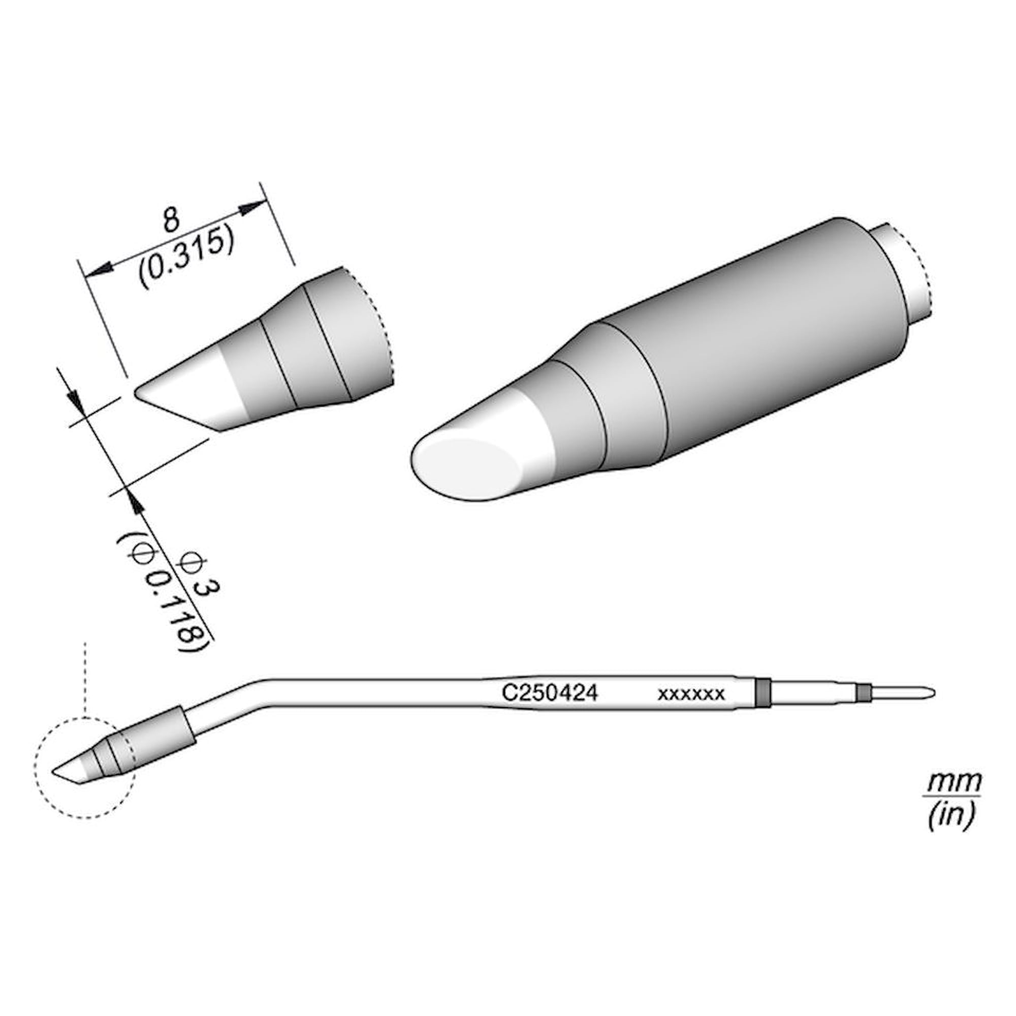 Lötspitze rund abgeschrägt 3 mm für AL250 und AP250 - JBC C250424