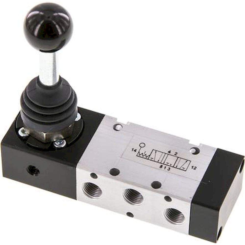 XMV 1420. 5/3-Wege Handhebelventil, G 1/8", Mittelstellung entlüftet, Raste