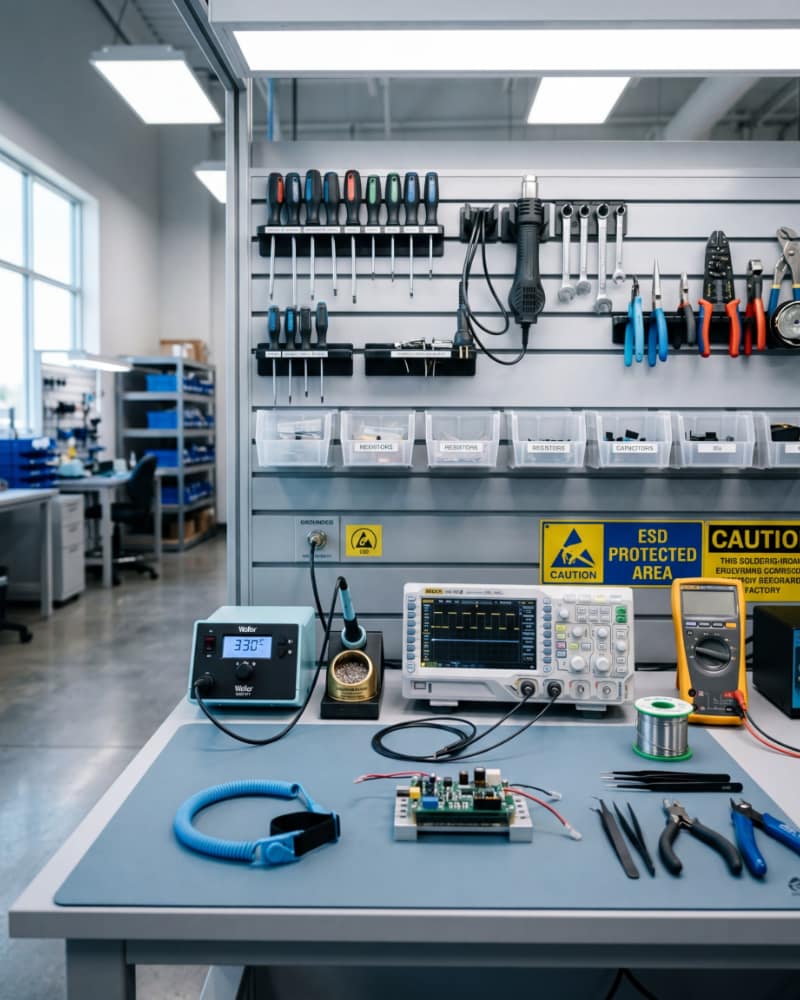 ESD-Arbeitsplatz in der Elektronikmontage