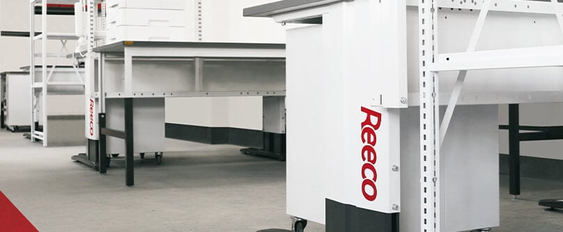 Reeco ESD workstations with shelving and under-desk cabinet